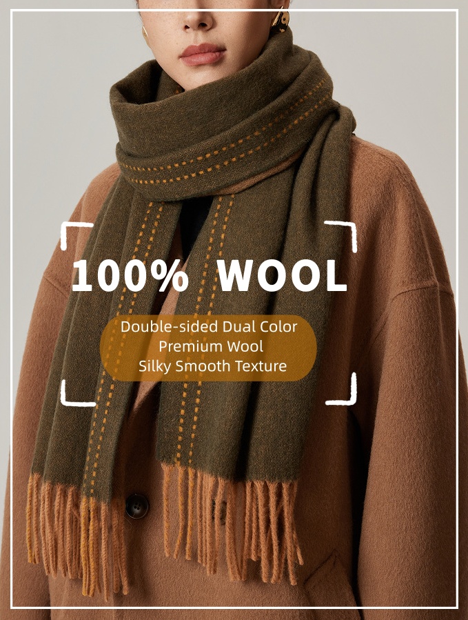 Extra Long 100% Wool Scarves for Women, Linear Decorative Trim, Luxury Autumn & Winter Double-Sided Two-Tone Shawls (SC501)
