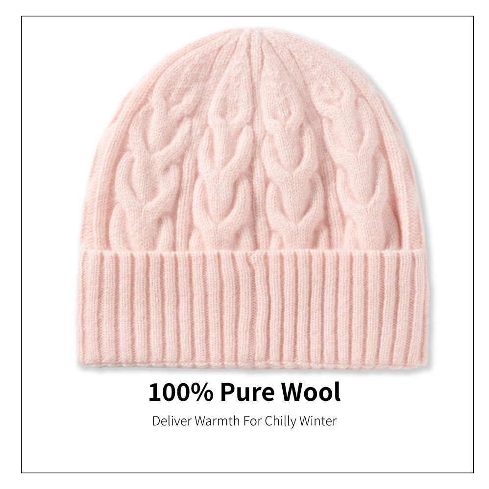 Solid Color 100% Wool Cable Knit Beanie for Women & Men, Premium Versatile Warm Cable Knitted Winter Hat for Autumn & Winter (HA105)