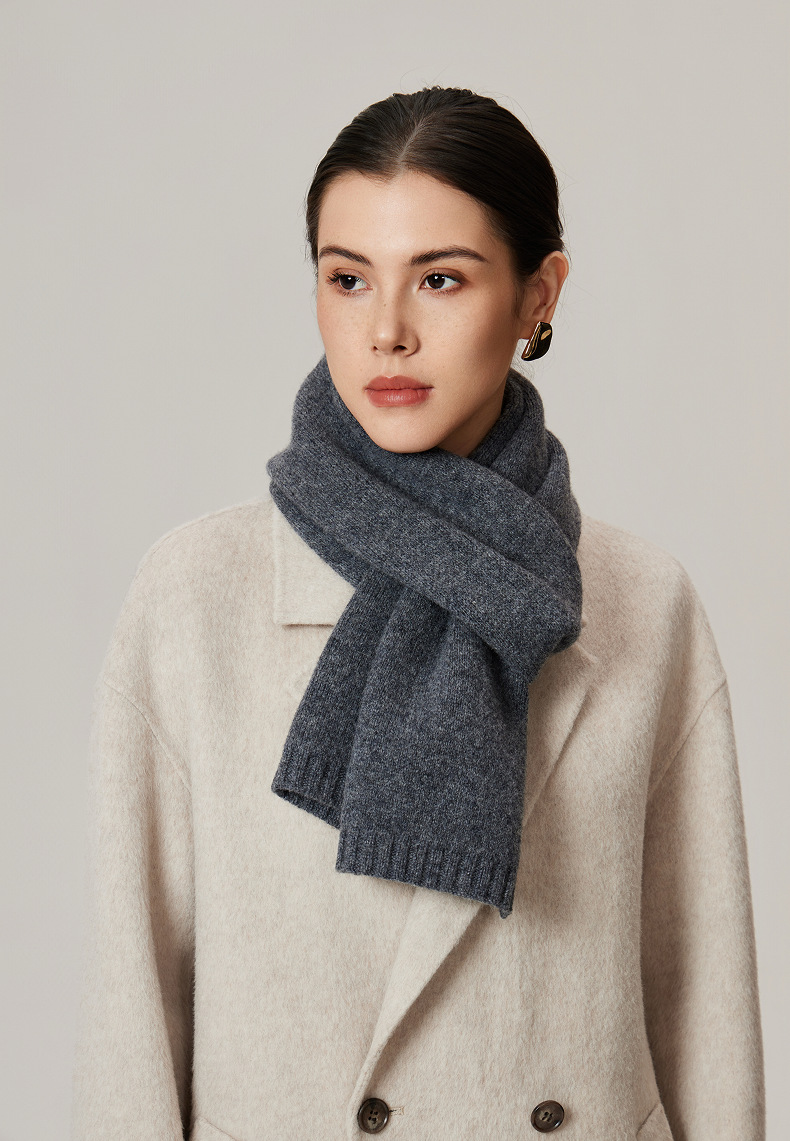 100% Wool Narrow Knitted Scarf for Women and men, Solid Color Light Luxury Minimalist Premium Neck Wrap(SC503)